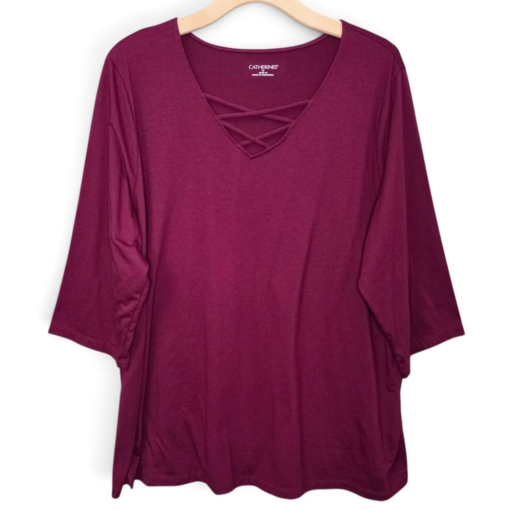 Catherines Top 1X 18/20W Burgundy Wine Criss Cross Strappy V Neck 3/4 Sleeve